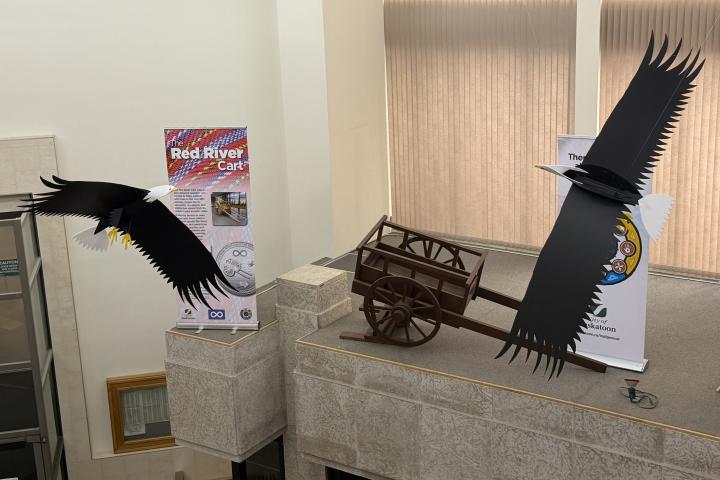 Two eagles are seen in Saskatoon's City Hall lobby.