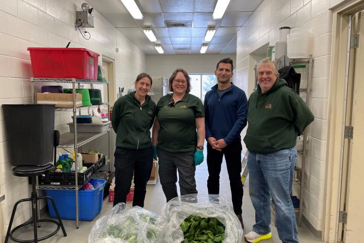 Four people stand in a bright indoor workspace beside large open bags filled with green lettuce.