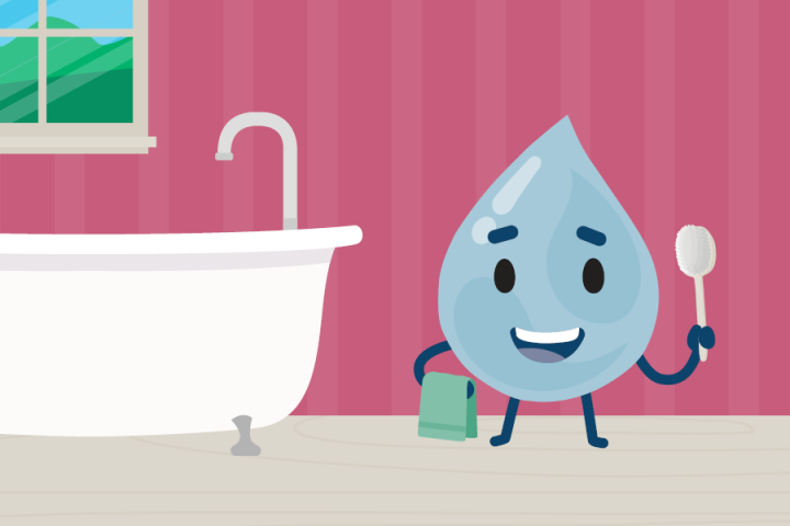 A cartoon water droplet character with eyes and a smile stands beside a bathtub holding a cleaning cloth and a scrubbing brush. The background features a pink striped wall and a window showing a view of green hills.