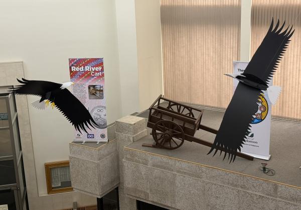 Two eagles are seen in Saskatoon's City Hall lobby.
