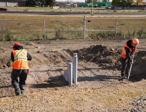 Ground compaction in progress to prepare the electrical transformer pad foundation