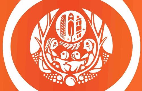 The Survivors' flag, an orange flag that includes symbolic images such as parents and children representing families separated by residential schools, seeds beneath the ground honouring children who never returned home, and a Tree of Peace that symbolizes unity, protection and renewal. 