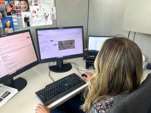 Photo of a woman working at a desk in an office, looking forward.