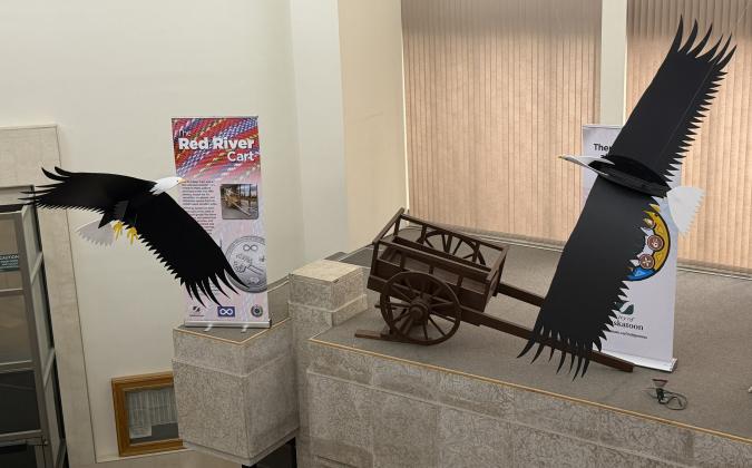 Two eagles are seen in Saskatoon's City Hall lobby.