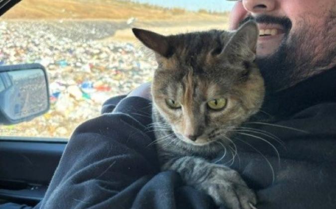 A tabby cat sits safe in a man's arms inside of a vehicle. A landfill can be seen in the background.